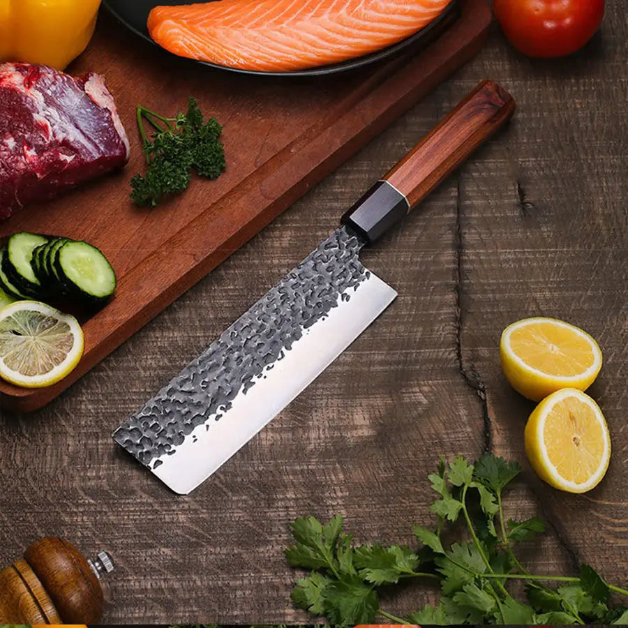 Set de trois couteaux japonais Santoku, Nakiri et Gyuto en acier damas