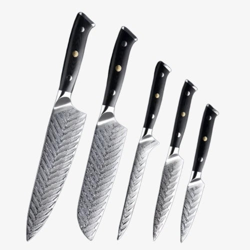 Set de Cinq Couteaux Japonais Gyuto, Santoku, Petty, Utilitaire, A désosser en Acier Damas - Collection Yukimuri