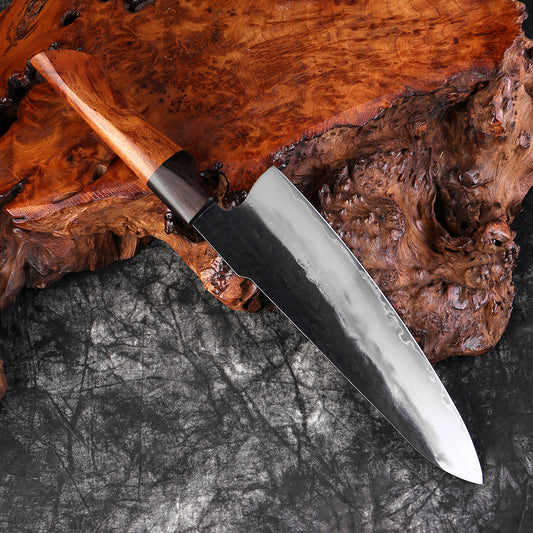 Couteau japonais Gyuto forgé à la main en acier Damas - Manche en bois de buis et ébène