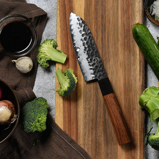 Couteau japonais Santoku en acier Damas forgé à la main - Manche en bois Mkuruti et ébène