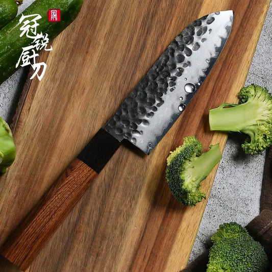 Couteau japonais Santoku en acier Damas forgé à la main - Manche en bois Mkuruti et ébène