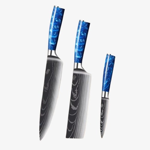 Set de Trois Couteaux Japonais Gyuto, Santoku, Petty en Acier Damas - Chef Takumi - Ice Blue