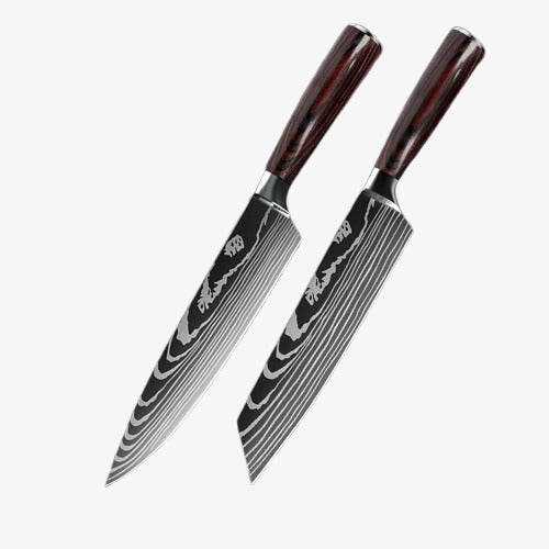 Set de deux Couteaux Japonais Gyuto, Kiritsuke en Acier Damas - Chef Takumi - Natural Teak