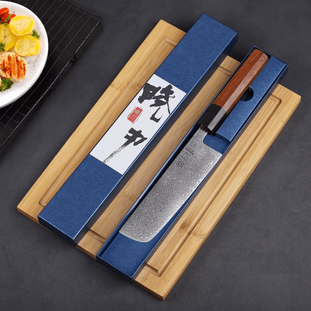 Couteau japonais Nakiri forgé à la main en acier Damas - Manche en bois de rose et ébène