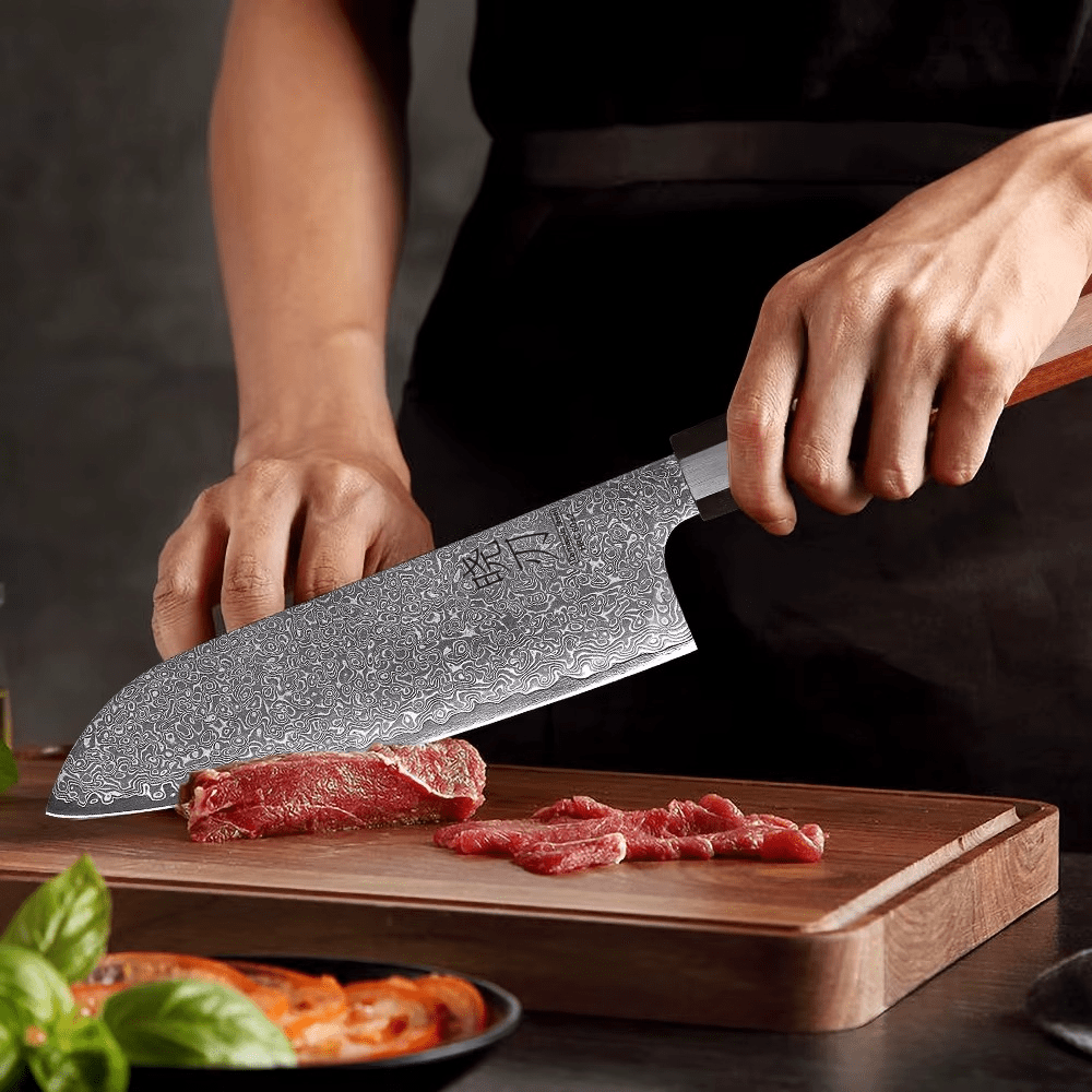 Couteau japonais Santoku en acier Damas - Manche en bois de rose et ébène