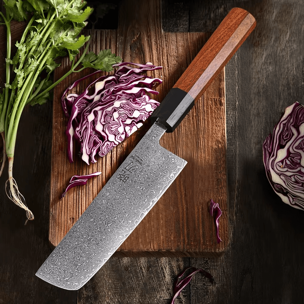 Couteau japonais Nakiri forgé à la main en acier Damas - Manche en bois de rose et ébène
