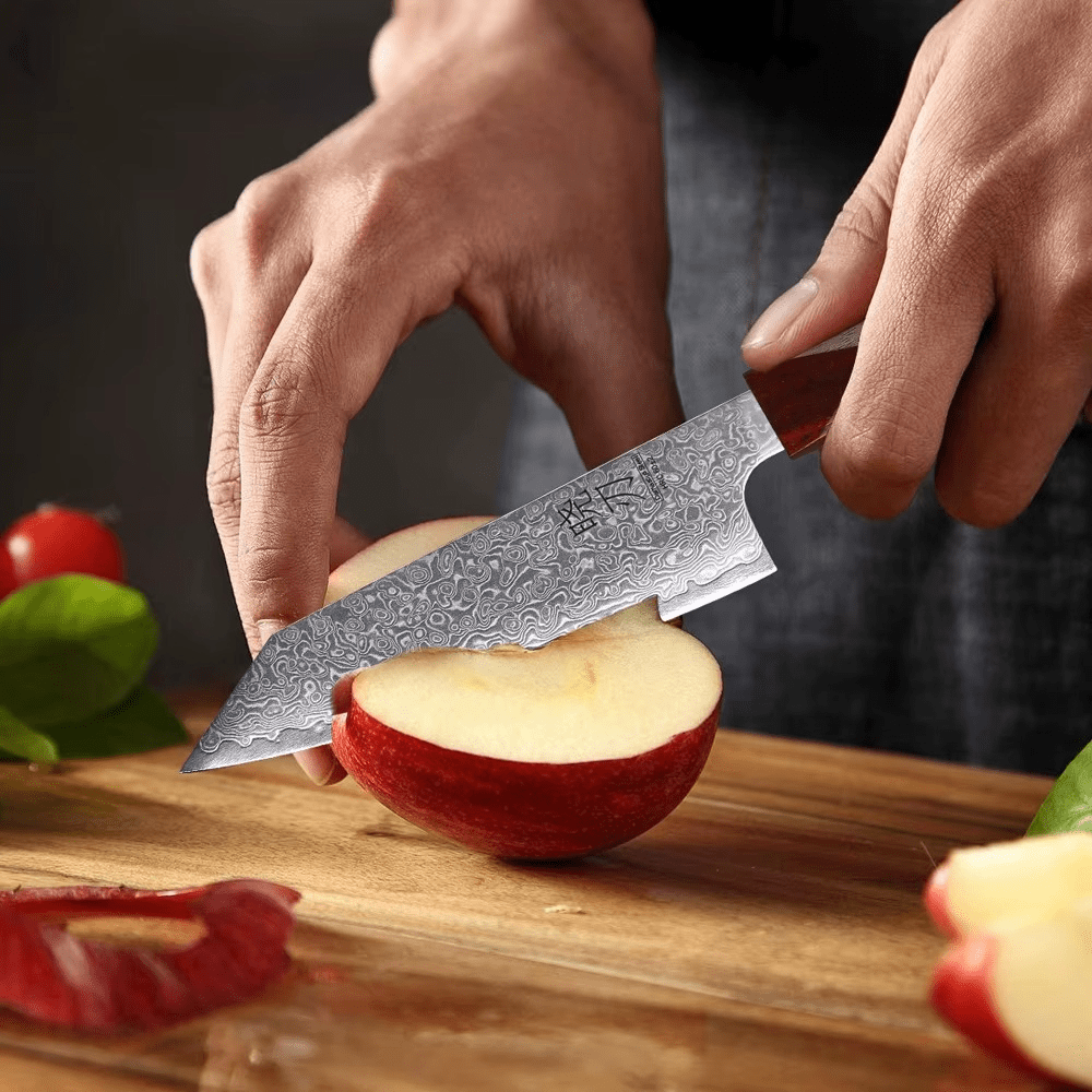 Couteau Japonais Petty en Acier Damas - Manche en bois d'ébène et santal rouge