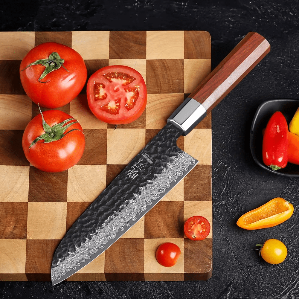 Couteau japonais Santoku en acier Damas - Manche en bois de rose et acier inoxydable