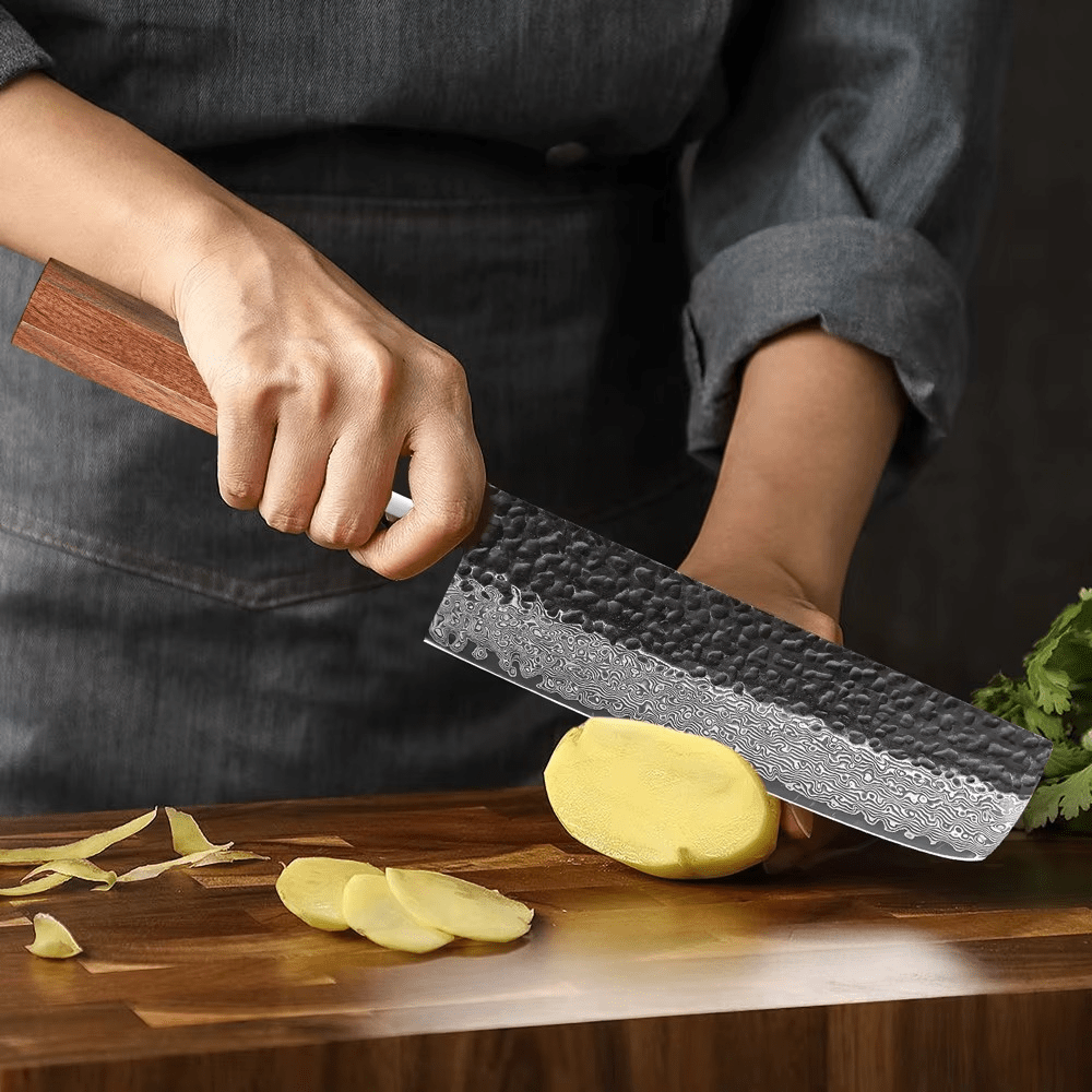 Couteau japonais Nakiri forgé à la main en acier Damas - Manche en bois de rose et acier inoxydable