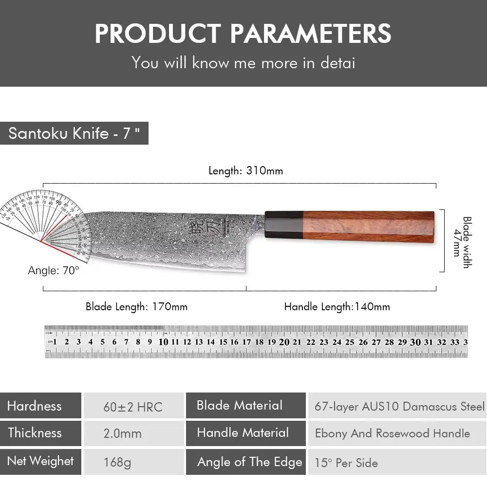 Couteau japonais Santoku en acier Damas - Manche en bois de rose et ébène