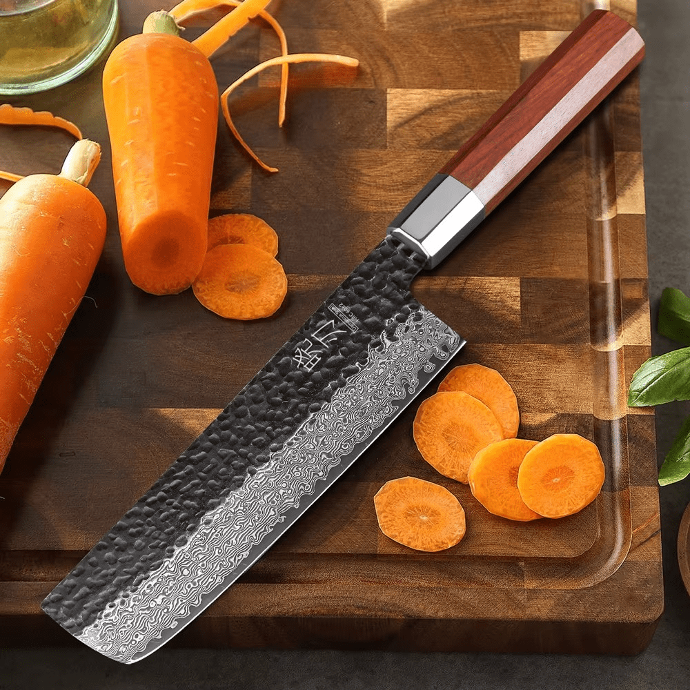 Couteau japonais Nakiri forgé à la main en acier Damas - Manche en bois de rose et acier inoxydable