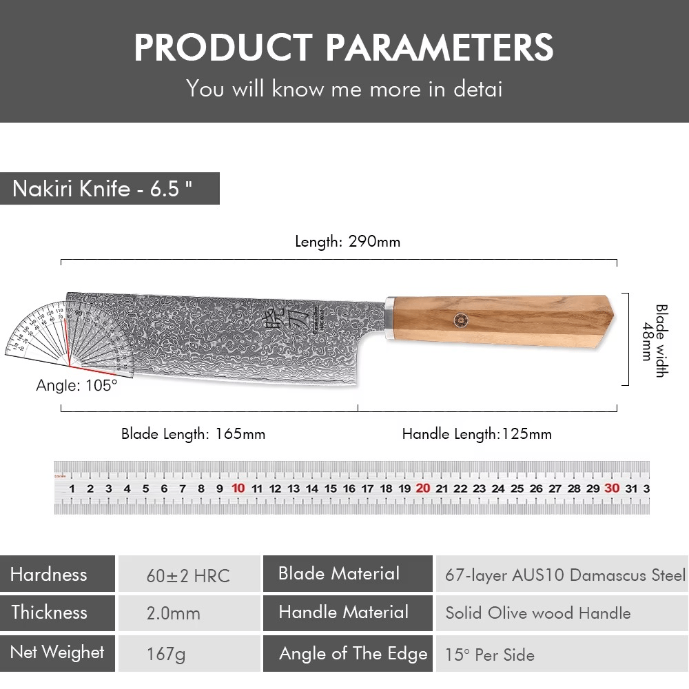 Couteau japonais Nakiri forgé à la main en acier Damas - Manche en bois d’olivier