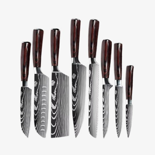 Set de Huit Couteaux Japonais en Acier Damas - Chef Takumi - Natural Teak