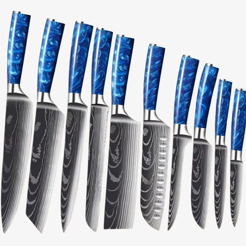 Set de Dix Couteaux Japonais en Acier Damas - Chef Takumi - Ice Blue