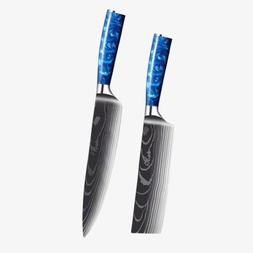 Set de deux Couteaux Japonais Gyuto, Nakiri en Acier Damas - Chef Takumi - Ice Blue