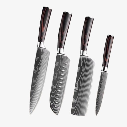 Set de Quatre Couteaux Japonais Gyuto, Nakiri, Santoku, Utilitaire, en Acier Damas - Chef Takumi - Natural Teak