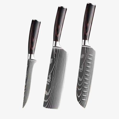 Set de Trois Couteaux Japonais Nakiri, Santoku, à Désosser en Acier Damas - Chef Takumi - Natural Teak