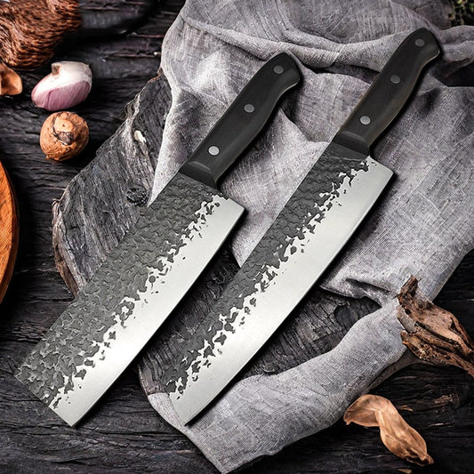 Set de deux couteaux japonais Kiritsuke, Nakiri en acier Damas - Manche en bois d'ébène