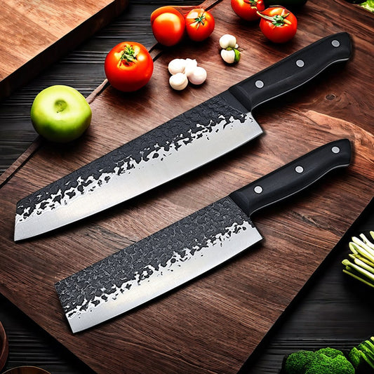 Set de deux couteaux japonais Kiritsuke, Nakiri en acier Damas - Manche en bois d'ébène