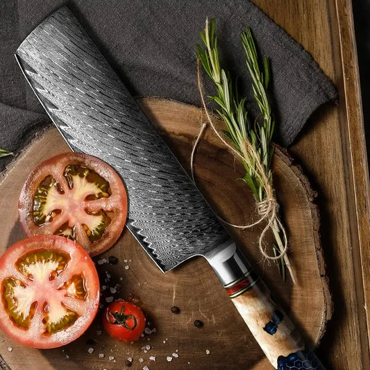 Couteau japonais Nakiri en acier Damas - Manche en bois stabilisé