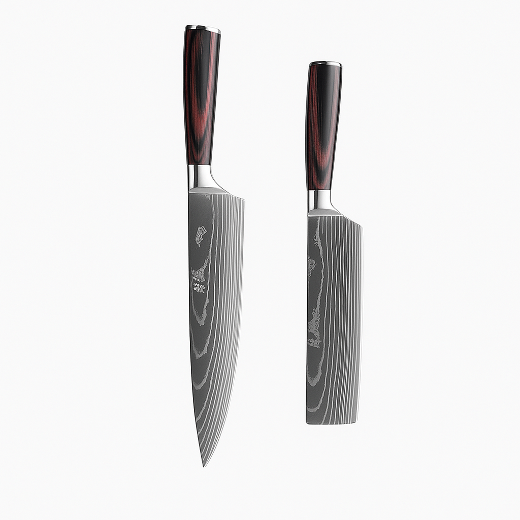 Set de deux Couteaux  Japonais Gyuto, Nakiri en Acier Damas - Chef Takumi - Natural Teak