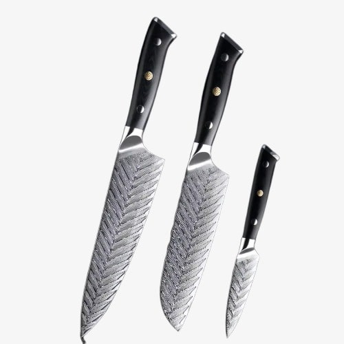 Set de Trois Couteaux  Japonais Gyuto, Santoku, Petty en Acier Damas - Collection Yukimuri
