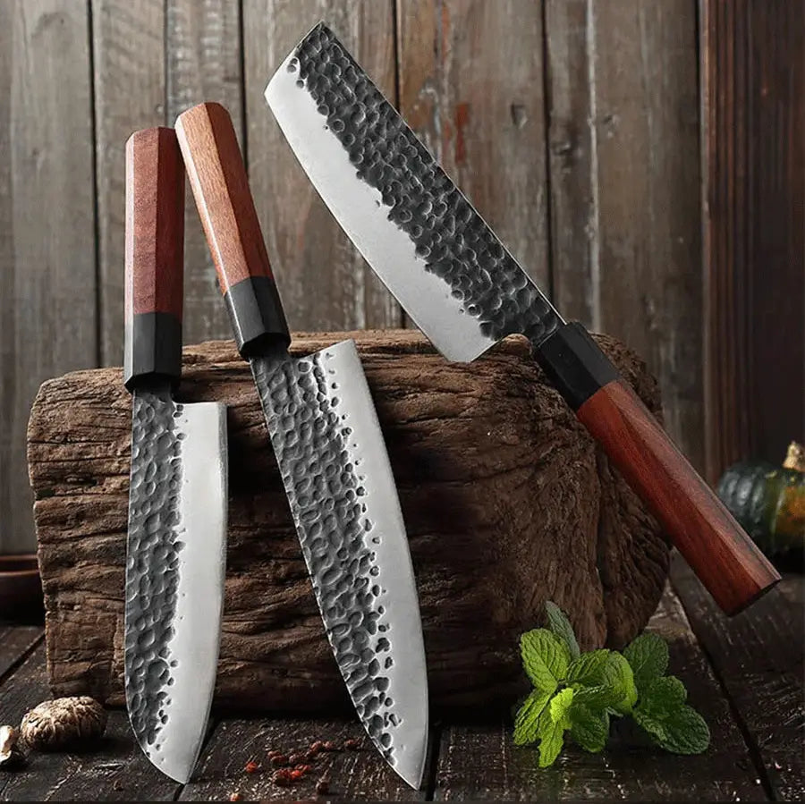 Couteau japonais Santoku en acier Damas - Manche en Noyer