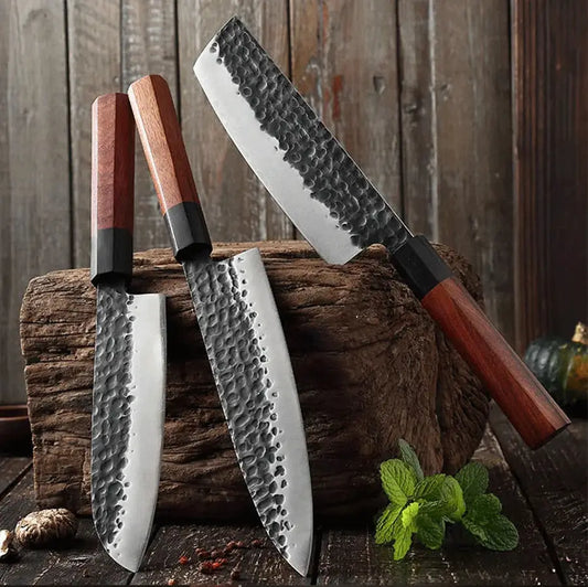 Set de trois couteaux japonais Santoku, Nakiri et Gyuto en acier damas