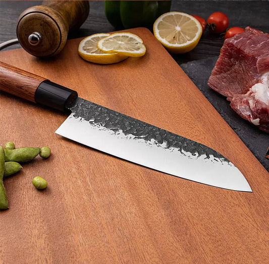 Couteau japonais Santoku en acier Damas - Manche en Noyer