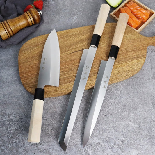 Set de trois couteaux japonais Deba et Sashimi - Manche en chêne