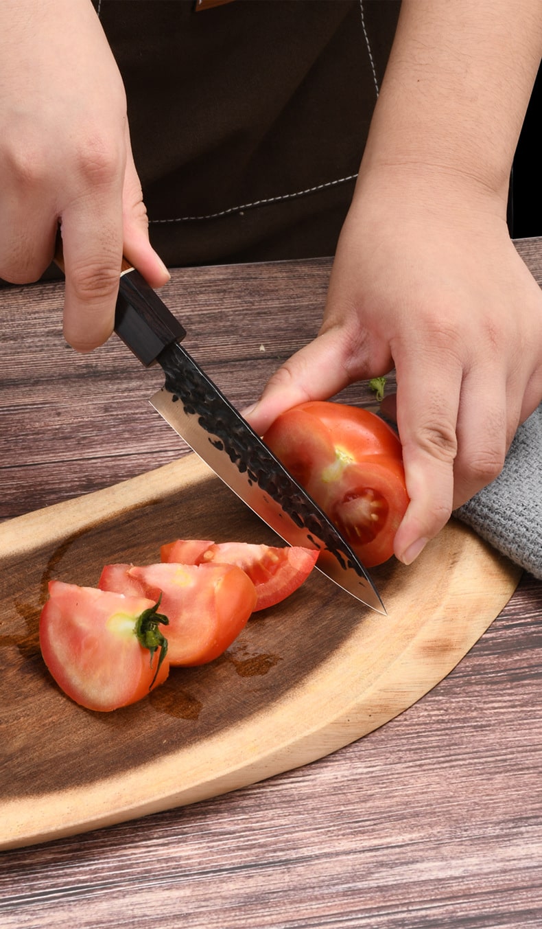 Set de trois couteaux japonais kiritsuke, Deba et couteau à fruit en acier damas