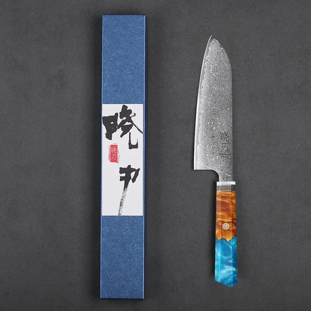 Couteau japonais Santoku en acier Damas - Manche en bois stabilisé