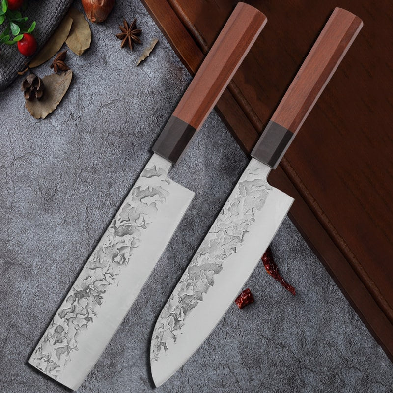 Set de deux couteaux japonais Santoku, Nakiri en acier Damas - Manche en bois de wengé