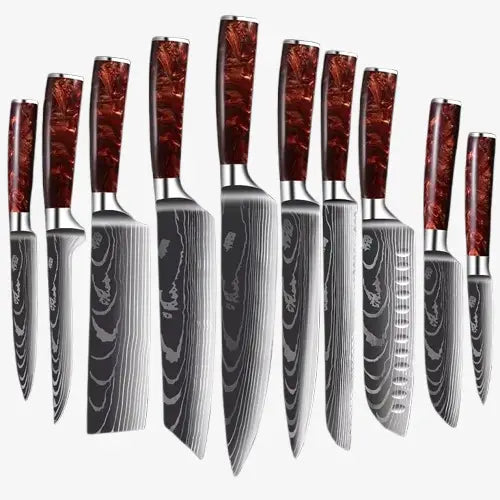 Set de Dix Couteaux  Japonais  en Acier Damas - Chef Takumi - Ruby Wood