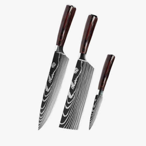 Set de Trois Couteaux Japonais Gyuto, Nakiri, Petty en Acier Damas - Chef Takumi - Natural Teak