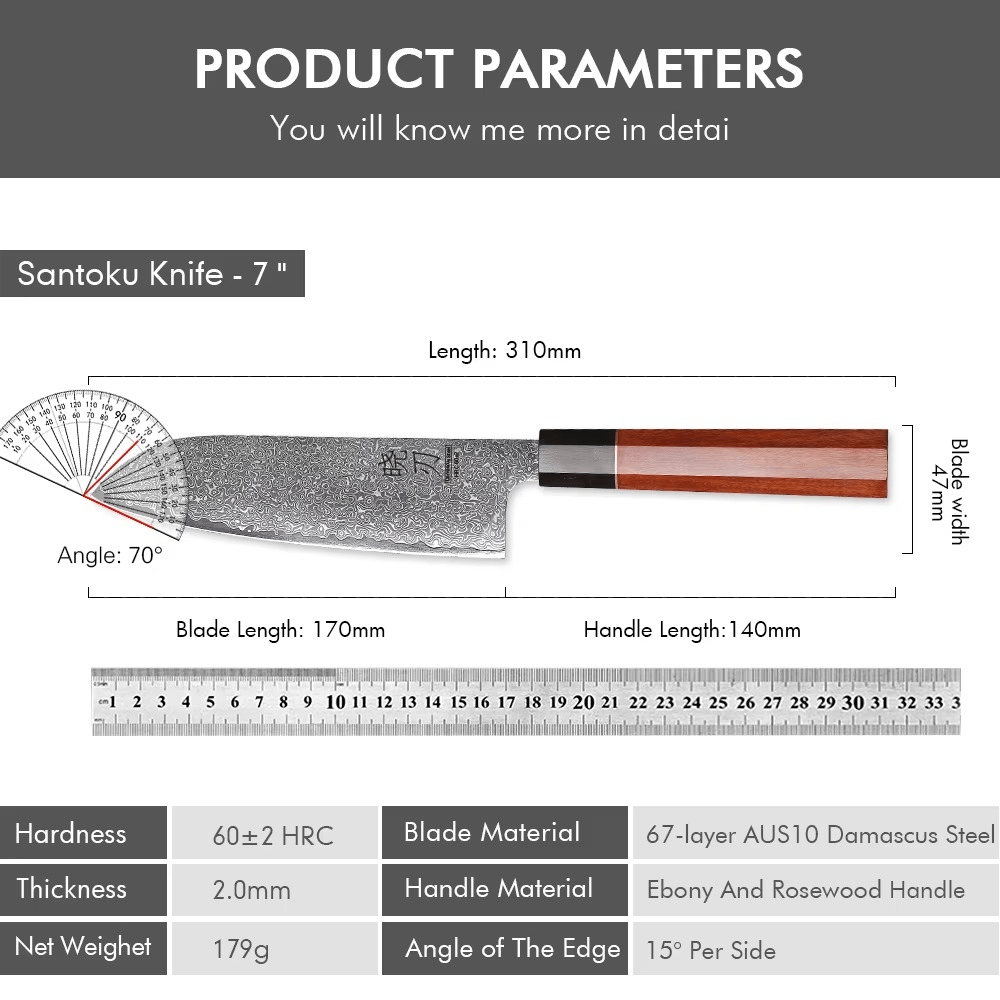 Couteau japonais Santoku en acier Damas - Manche en bois de rose et ébène