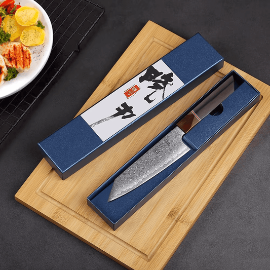Couteau  Japonais Petty en Acier Damas -  Manche en bois d'ébène et santal rouge