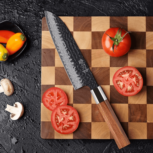 Couteau japonais Santoku en acier Damas - Manche en bois de rose  et acier inoxydable