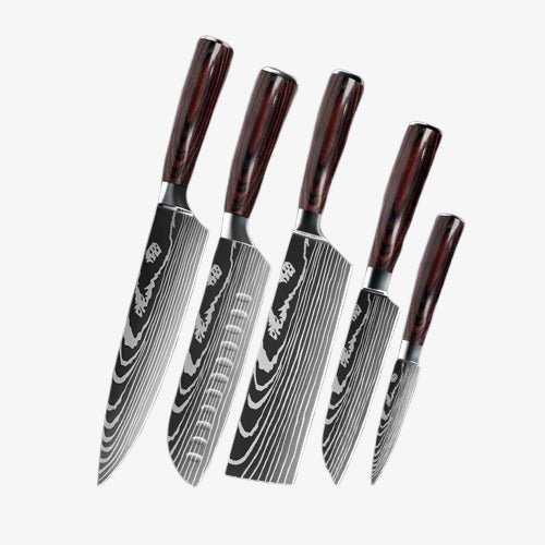 Set de Cinq Couteaux  Japonais Gyuto, Nakiri, Petty, Santoku, Petit Santoku, en Acier Damas - Chef Takumi - Natural Teak