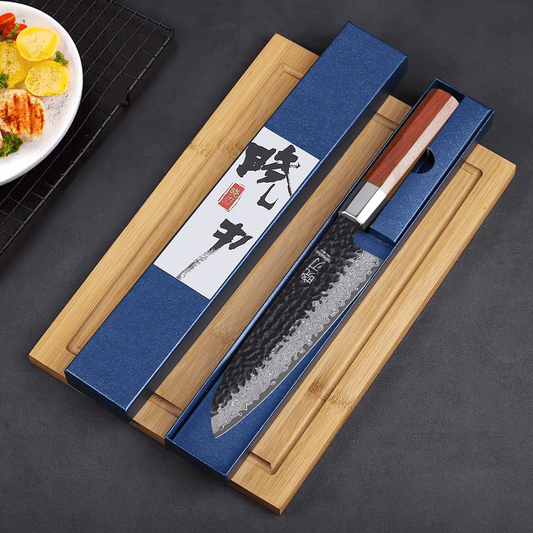 Couteau japonais Santoku en acier Damas - Manche en bois de rose  et acier inoxydable