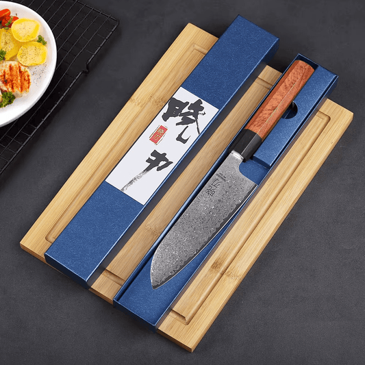 Couteau japonais Santoku en acier Damas - Manche en bois de rose et ébène