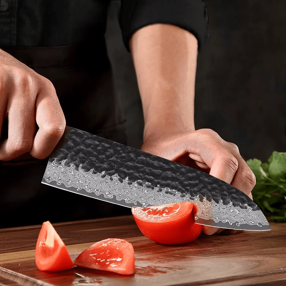 Couteau japonais Santoku en acier Damas - Manche en bois de rose  et acier inoxydable