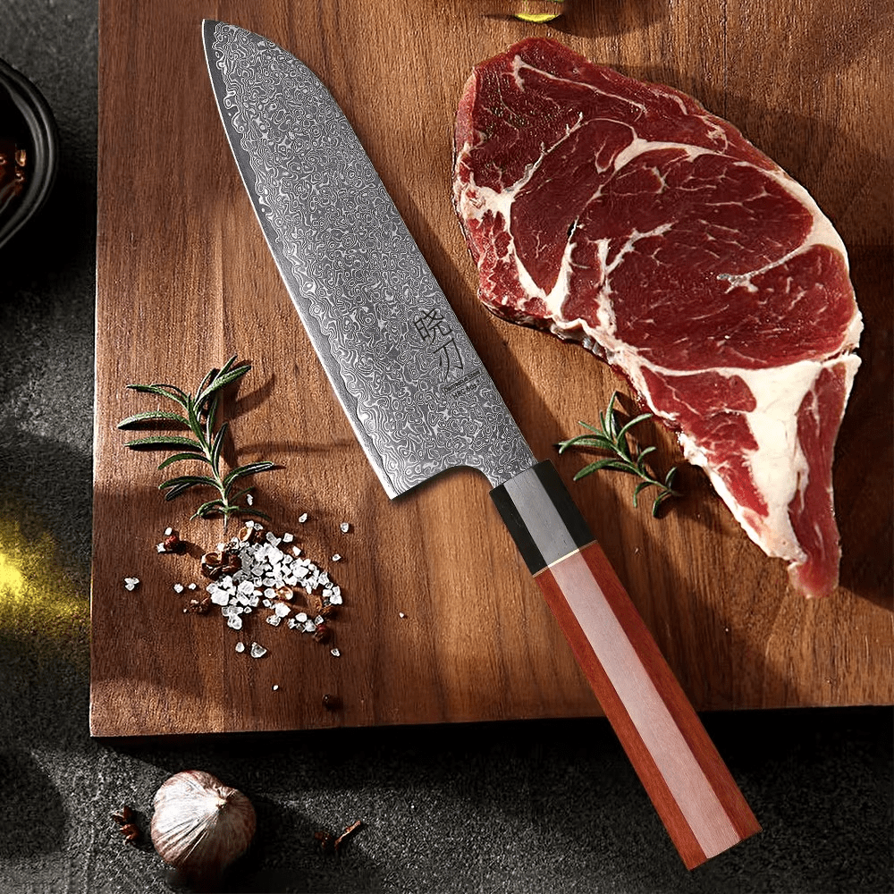 Couteau japonais Santoku en acier Damas - Manche en bois de rose et ébène
