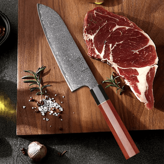 Couteau japonais Santoku en acier Damas - Manche en bois de rose et ébène