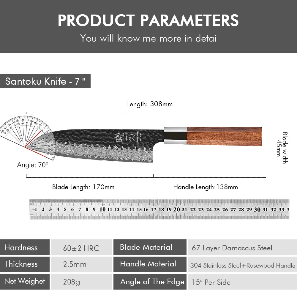 Couteau japonais Santoku en acier Damas - Manche en bois de rose  et acier inoxydable