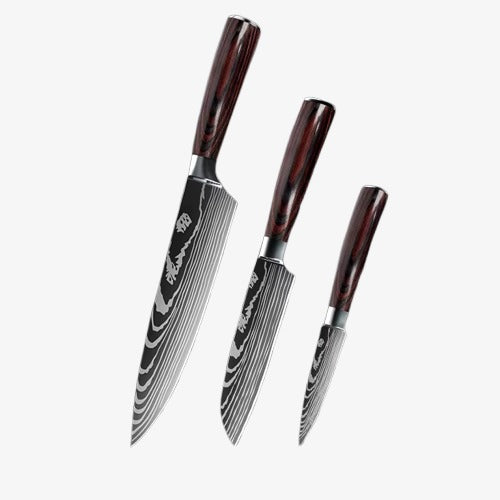 Set de Trois Couteaux Japonais Gyuto, Santoku, Petty en Acier Damas - Chef Takumi - Natural Teak