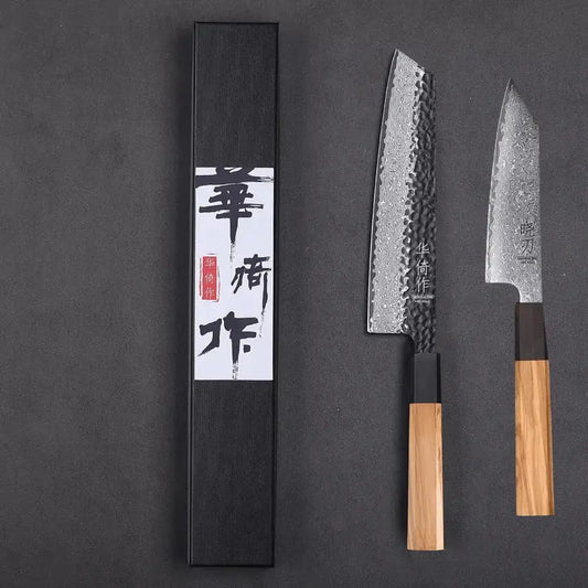 Set de deux couteaux japonais Kiritsuke, Petty en acier damas - Manche en  bois d’olivier