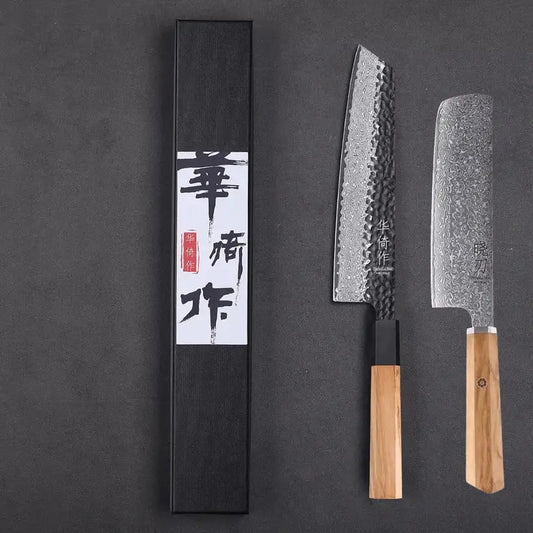 Set de deux couteaux japonais Kiritsuke, Nakiri en acier damas - Manche en  bois d’olivier