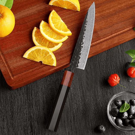 Couteau  Japonais Petty en Acier Damas - Manche en bois d'ébène et santal rouge