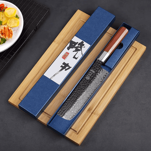 Couteau japonais Nakiri forgé à la main en acier Damas - Manche en bois de rose  et acier inoxydable